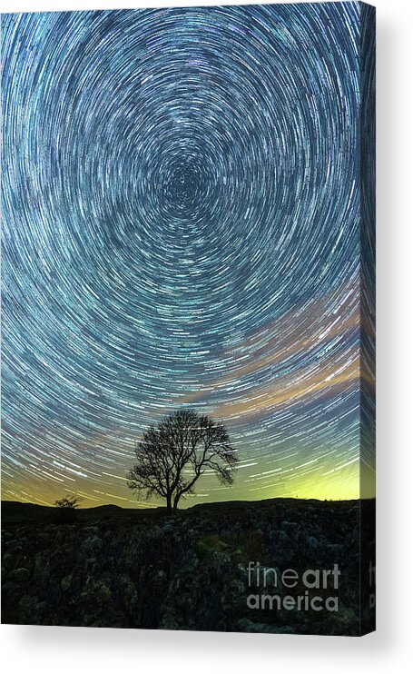 Gordale Scar Acrylic Print featuring the photograph Star trails at the lonely tree on the limestone pavement #1 by Mariusz Talarek