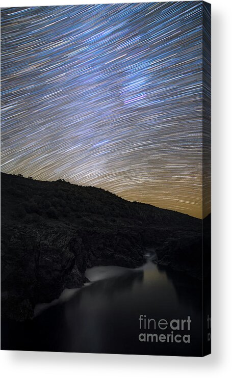 Star Trail Acrylic Print featuring the photograph Star Trails Over River Gorge #1 by Miguel Claro/science Photo Library