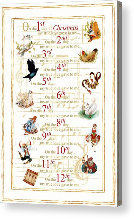 Partridge Acrylic Print featuring the painting 12 Days Of Christmas (vertical) by Janice Gaynor