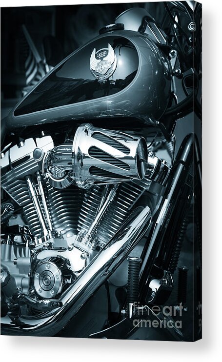 Fuel Tank Acrylic Print featuring the photograph Harley Davidson Motorcycle V Twin Chromed Engine by Peter Noyce