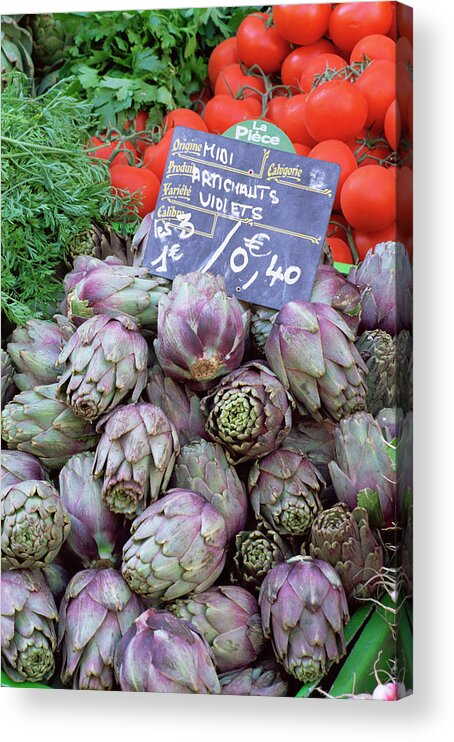 Artichokes For Sale On Market In The Rue Ste. Claire Acrylic Print featuring the photograph 390-2198 by Robert Harding Picture Library