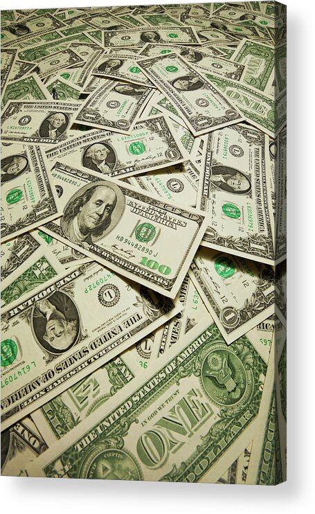 Large Group Of Objects Acrylic Print featuring the photograph Us Dollart Banknotes #4 by Yuji Sakai