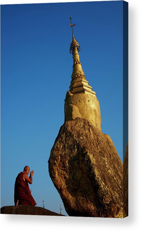 Buddhist Monk Praying At The Golden Rock Of Nwa La Bo Acrylic Print featuring the photograph 841-1169 by Robert Harding Picture Library