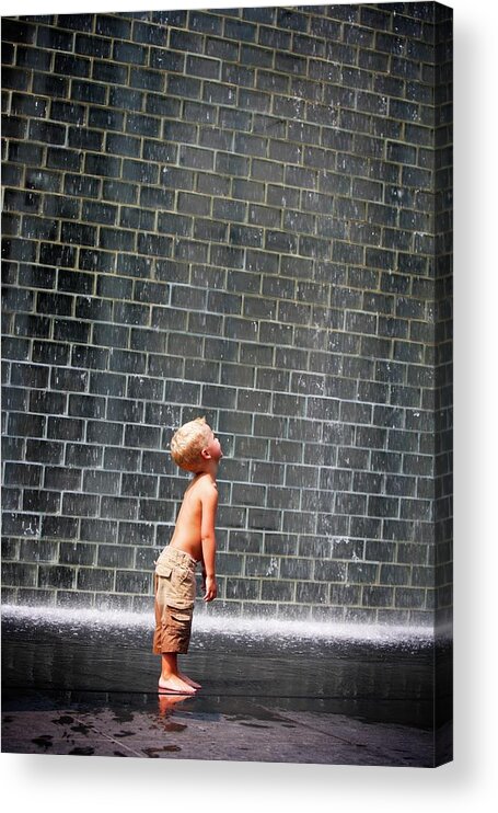 4-5 Years Acrylic Print featuring the photograph A Boy Standing Beside A Wall Fountain by Design Pics