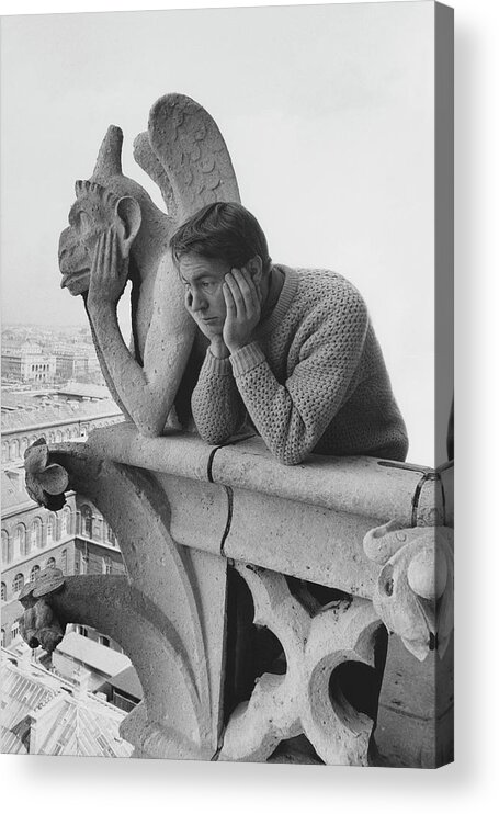 Architecture Acrylic Print featuring the photograph Model Beside Notre Dame's Gargoyle Le Penseur by Reid Miles