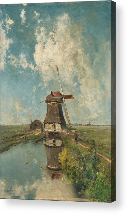 Canvas Acrylic Print featuring the painting A Windmill on a Polder Waterway, Known as 'In the Month of July'. by Paul Joseph Constantin Gabriel -1828-1903-