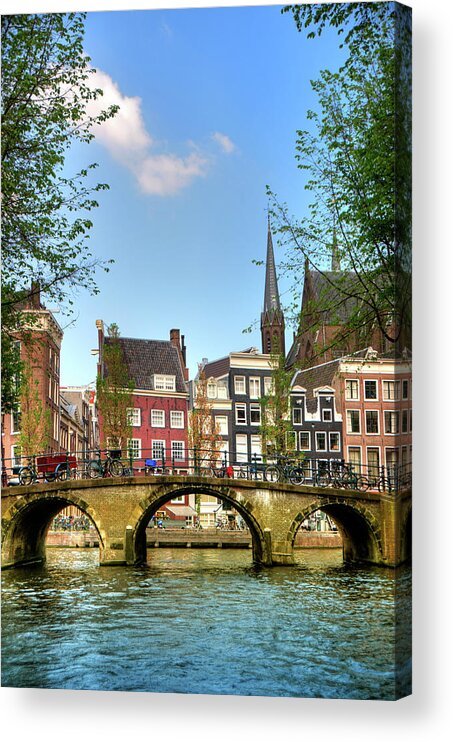 North Holland Acrylic Print featuring the photograph Amsterdam City Scene Water Canal by Aleksandargeorgiev