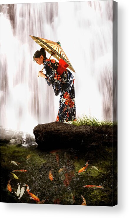 Tranquility Acrylic Print featuring the photograph Asian Woman In Geisha Dress Holding by Colin Anderson Productions Pty Ltd