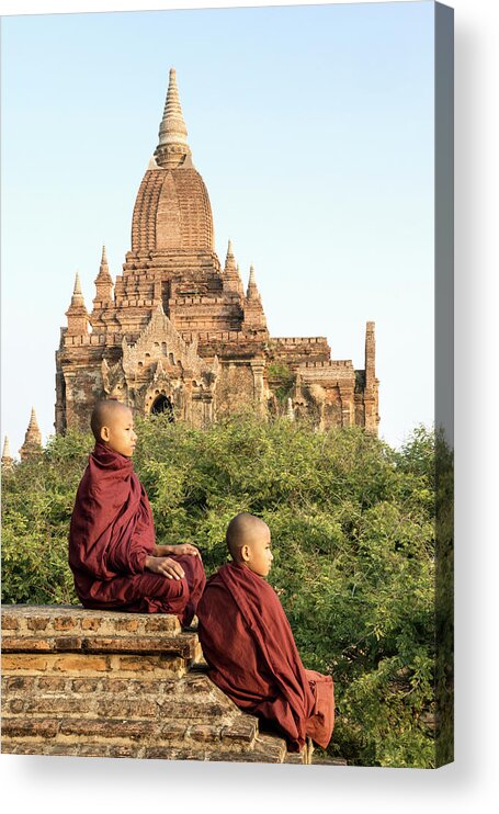 Steps Acrylic Print featuring the photograph Bagan, Buddhist Monks Sitting On Temple by Martin Puddy