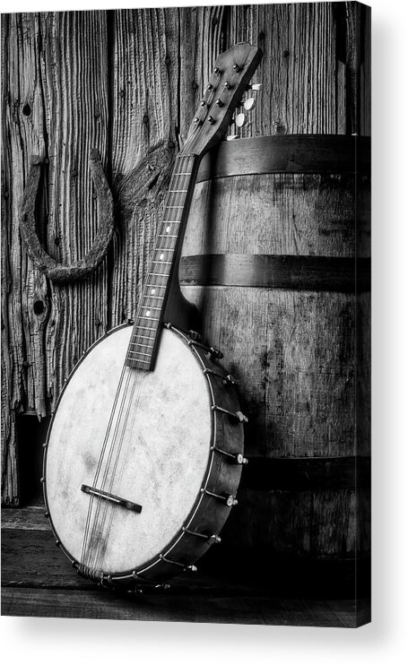 American Acrylic Print featuring the photograph Banjo And Wine Barrel Black And White by Garry Gay