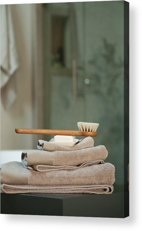 Toothbrush Acrylic Print featuring the photograph Bath Brush On Stacked Towels by Karyn R. Millet