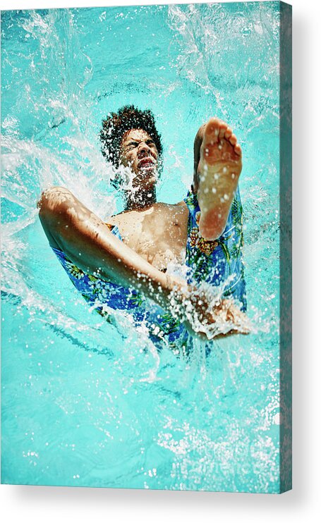 Tranquility Acrylic Print featuring the photograph Boy Falling Backwards Into Outdoor Pool by Thomas Barwick