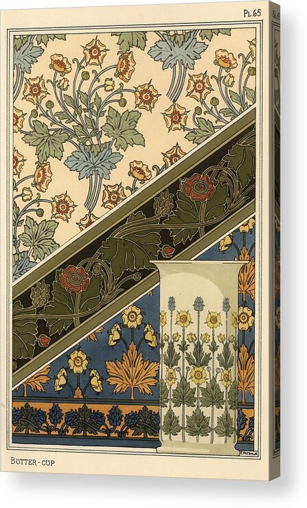 1897 Acrylic Print featuring the drawing Buttercup in art nouveau patterns for wallpapers and a vase. Lithograph by M. P. Verneuil. by Album
