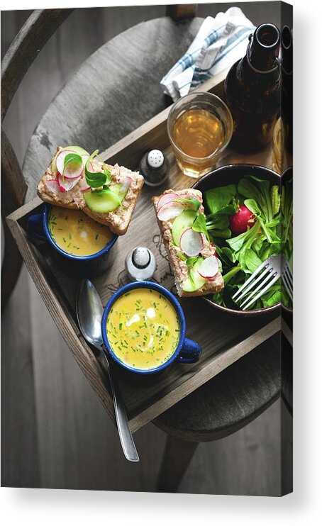 Gstaad Acrylic Print featuring the photograph Carrot Soup And Tuna Sandwich by A.y. Photography