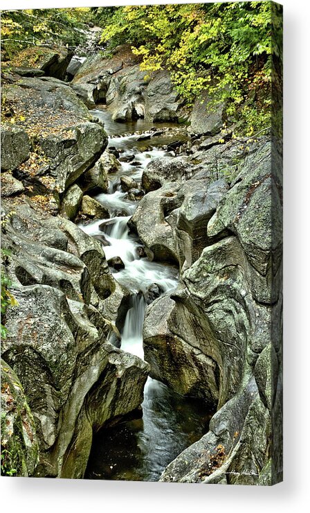Waterfall Acrylic Print featuring the pyrography Carving and Time by Harry Moulton