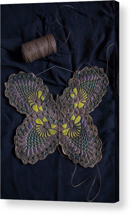 Ip_12417655 Acrylic Print featuring the photograph Clay Butterfly Embossed With Lace Pattern And Painted by Alicja Koll