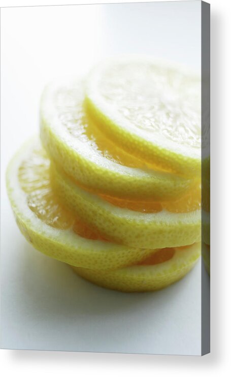 Five Objects Acrylic Print featuring the photograph Close Up Of Slices Of Lemon by Brett Stevens