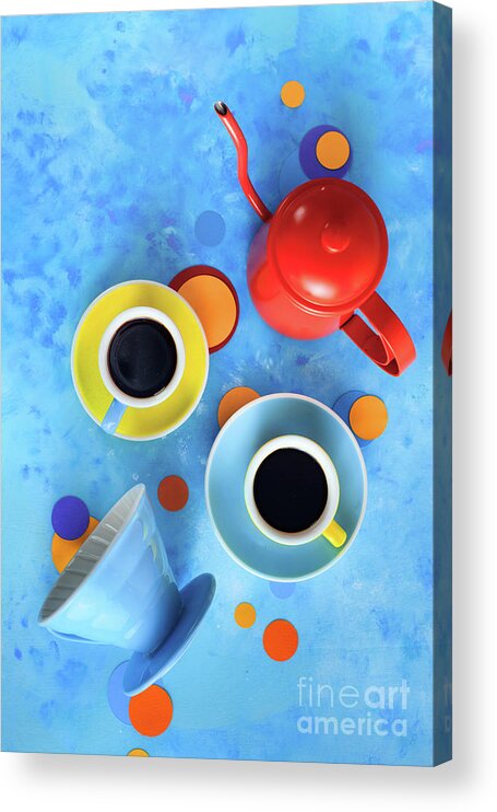 Block Shape Acrylic Print featuring the photograph Coffee Cups With Pour Over And A Kettle by Dina Belenko Photography