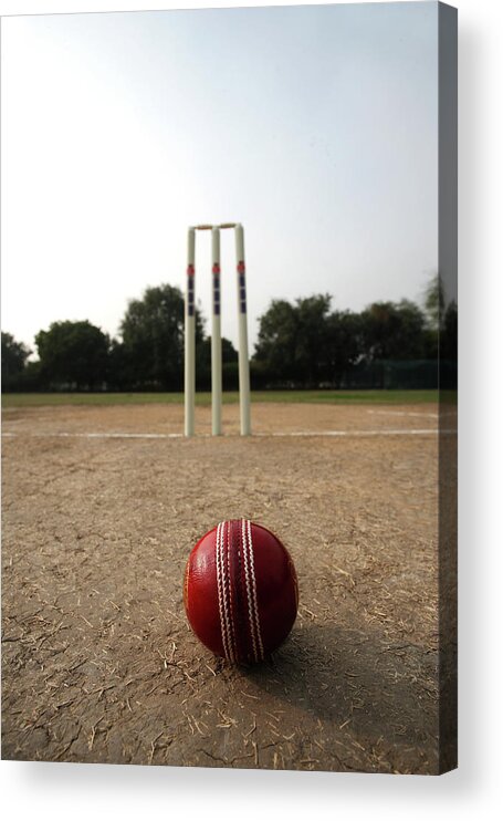Shadow Acrylic Print featuring the photograph Cricke Ball Aand Wickets On A Pitch by Visage