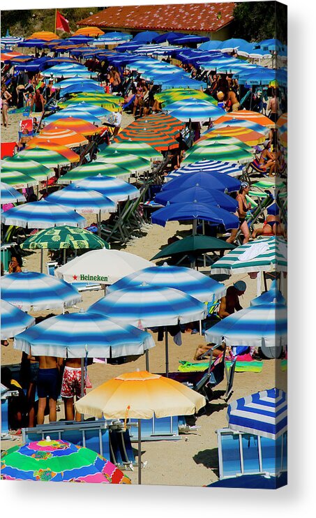 In A Row Acrylic Print featuring the photograph Crowd Of Umbrellas, Beach by Aldo Pavan