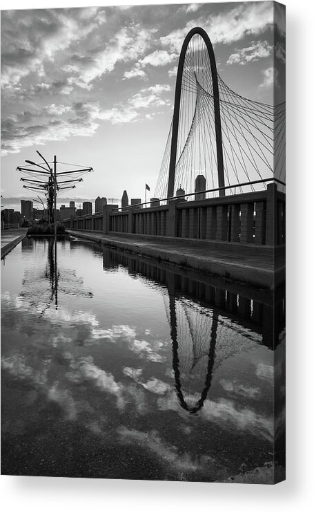 Dallas Skyline Acrylic Print featuring the photograph Dallas Skyline and Margaret Hunt Hill Bridge Reflections - Monochrome Edition by Gregory Ballos