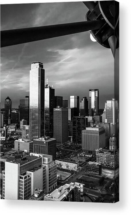 Dallas Texas Acrylic Print featuring the photograph Dallas Skyline Through Reunion Tower in Monochrome by Gregory Ballos