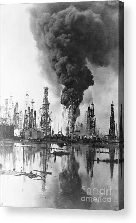 Finance And Economy Acrylic Print featuring the photograph Fire Burning @ Oil Well Flames, Smoke by Bettmann