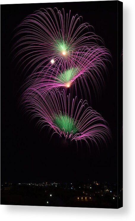 Sky Acrylic Print featuring the photograph Fireworks, 3 Pink/green Flowers by Anne Ponsen