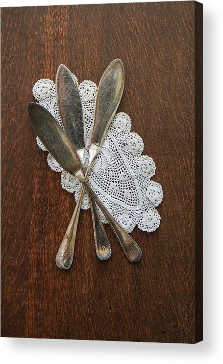 Ip_11298985 Acrylic Print featuring the photograph Fish Knives On A Doily by Anne Faber