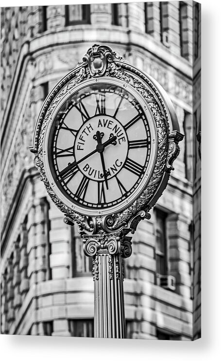 Clock Acrylic Print featuring the photograph Flatiron and Fifth Ave Clock NYC BW by Susan Candelario
