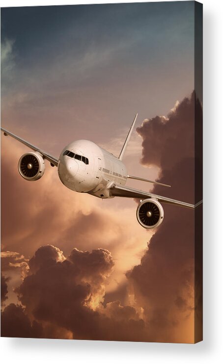 Outdoors Acrylic Print featuring the photograph Flying Jet Airplane In Sunset Light by Narvikk