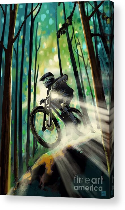 Mountain Bike Acrylic Print featuring the painting Forest jump mountain biker by Sassan Filsoof