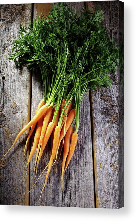 Close-up Acrylic Print featuring the photograph Fresh Carrots On Rustic Wood by Jurgen Wiesler