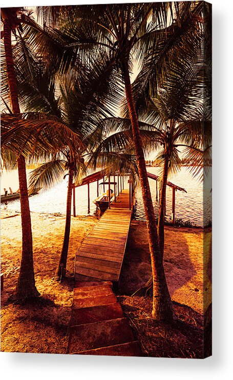 African Acrylic Print featuring the photograph Golden Island Dock Under the Palms by Debra and Dave Vanderlaan