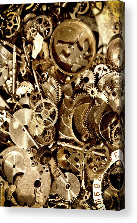 Working Acrylic Print featuring the photograph Grungy Antique Clock Mechanism by Diane Labombarbe
