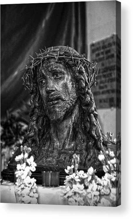 Catholic Acrylic Print featuring the photograph Head of Christ crowned with thorns in a Taormina Church BW by RicardMN Photography