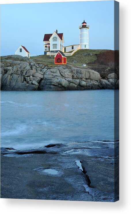 Nubble Lighthouse Acrylic Print featuring the photograph Holiday Nubble on the Rocks by Luke Moore