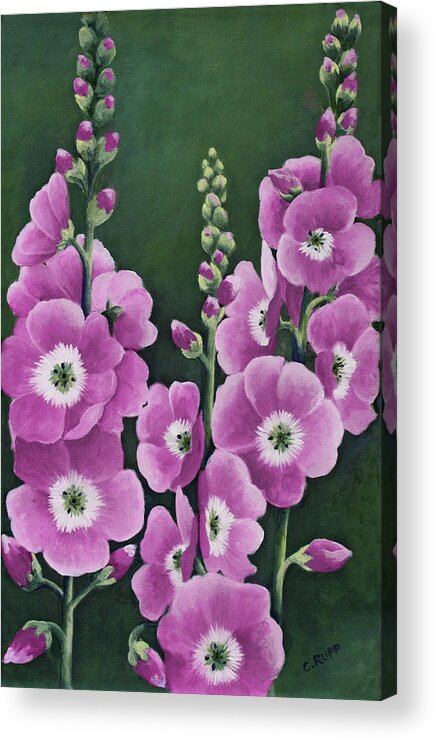 Hollyhocks In Lilac Acrylic Print featuring the painting Hollyhocks In Lilac by Carol J Rupp