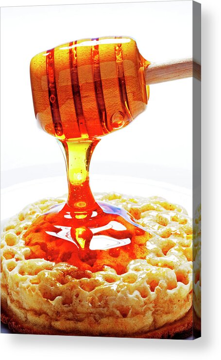 White Background Acrylic Print featuring the photograph Honey Pouring On Crumpet by John W Banagan