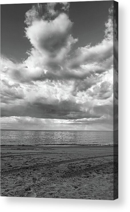 Ipswich Acrylic Print featuring the photograph I heart Crane Beach Heart Shaped Cloud Ipswich MA Black and White by Toby McGuire