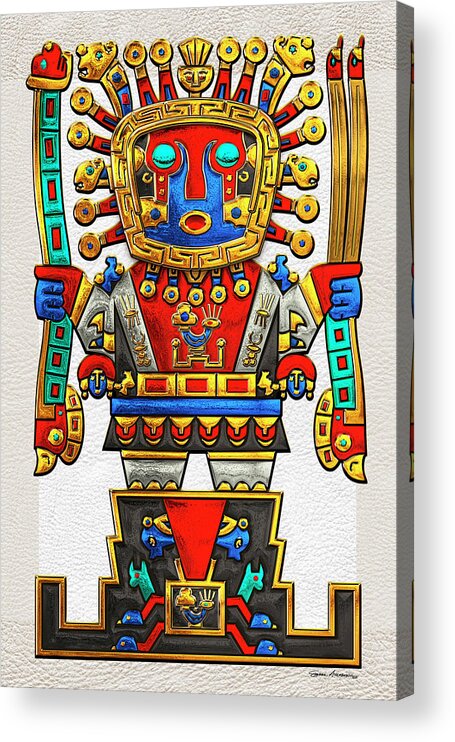 ‘treasures Of Pre-columbian America’ Collection By Serge Averbukh Acrylic Print featuring the digital art Incan Gods - The Great Creator Viracocha on White Leather by Serge Averbukh