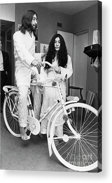 People Acrylic Print featuring the photograph John Lennon Sitting On Bicycle by Bettmann