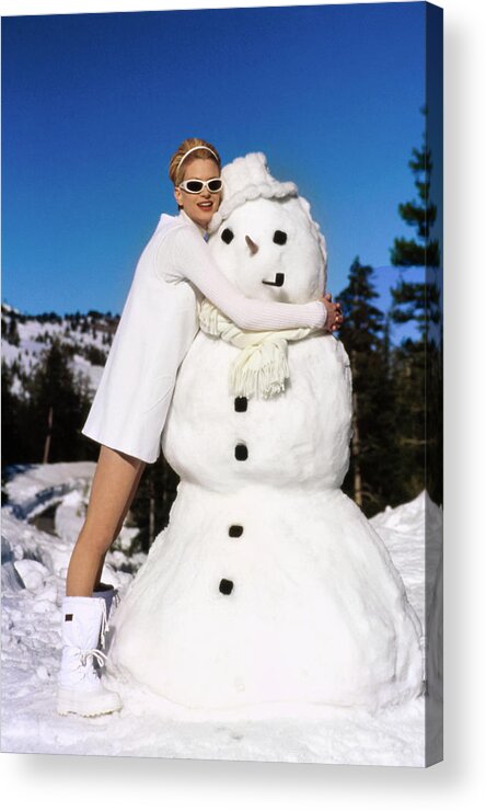 Accessories Acrylic Print featuring the photograph Krister Mcmenamy Wearing White By A Snowman by Arthur Elgort