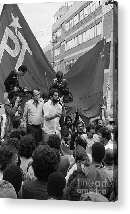 1980-1989 Acrylic Print featuring the photograph Labor Leader Lula Da Silva Speaks by Bettmann