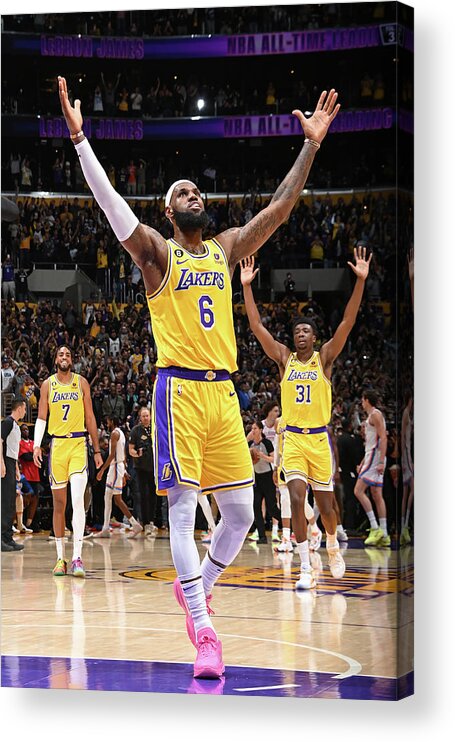 Lebron James Acrylic Print featuring the photograph LeBron James Celebrates After Breaking the All-Time Scoring Record by Andrew D. Bernstein