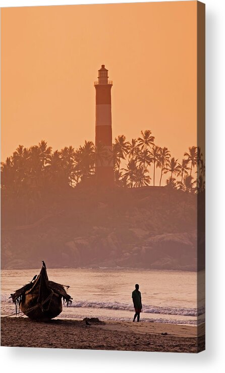 People Acrylic Print featuring the photograph Lone Person Walking Along Lighthouse by Anders Blomqvist