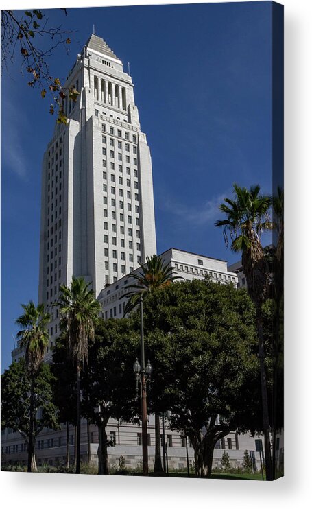 California Acrylic Print featuring the photograph Los Angeles City Hall with palm trees by Roslyn Wilkins