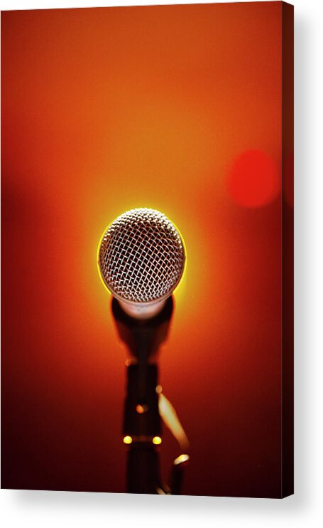 Microphone Stand Acrylic Print featuring the photograph Microphone At A Concert by Henrik Sorensen