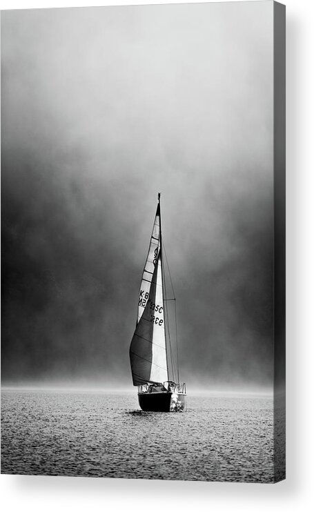 Mist Acrylic Print featuring the photograph Mist rising and sail boat, Coniston Water - Portrait by Anita Nicholson
