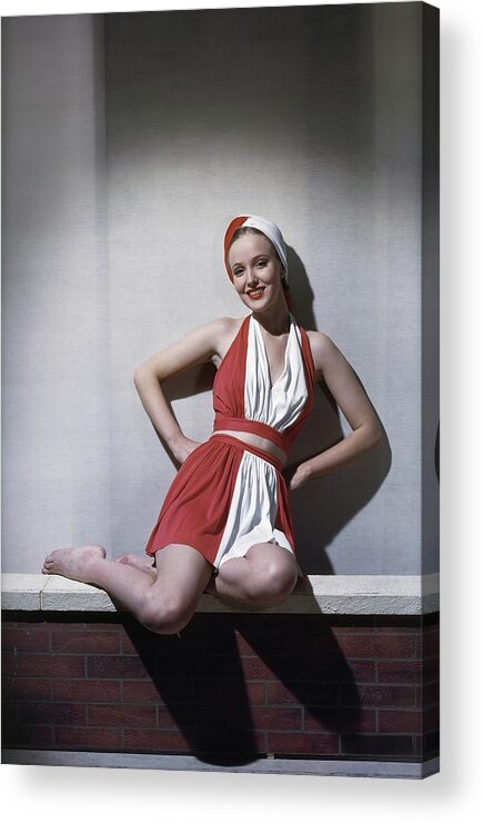 Fashion Acrylic Print featuring the photograph Model In A Swimsuit Ensemble by Horst P. Horst